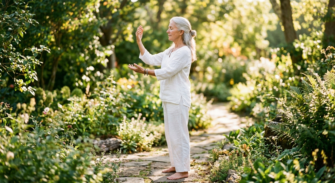 Woman practicing gentle Qi Gong in garden